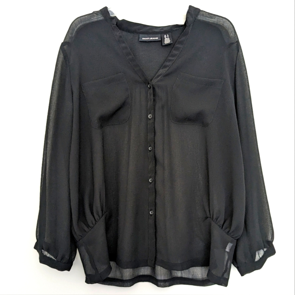 DKNY Black Sheer Pocket Loose-Fit Button-Down Blouse, WS
